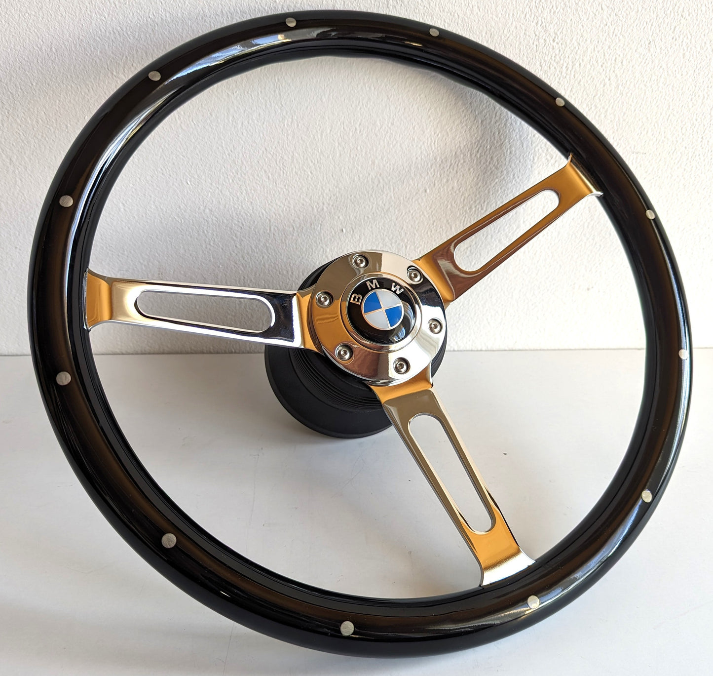 Steering Wheel For BMW E10 2002 1502 1602 1802 (1965-1976) - 380mm Wooden Rim, Black Finish & Chrome Spokes