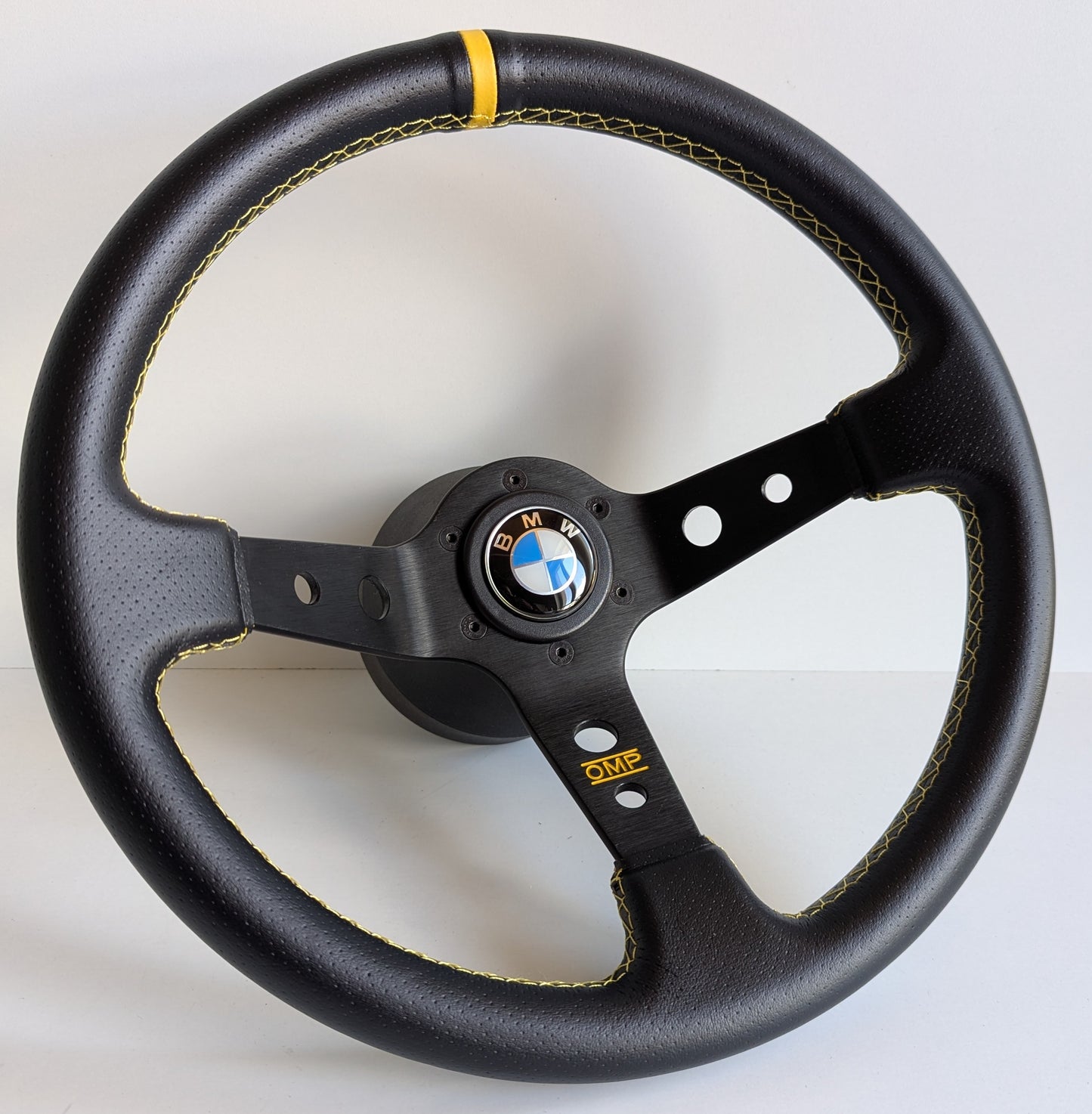 Steering Wheel For BMW E10 2002 1502 1602 1802 (1965-1976) - Deep Dish, Yellow Stitching, Black Spokes with Holes, Sport Vision, 350 mm