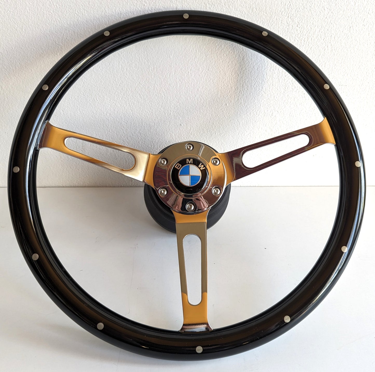 Steering Wheel For BMW E10 2002 1502 1602 1802 (1965-1976) - 380mm Wooden Rim, Black Finish & Chrome Spokes