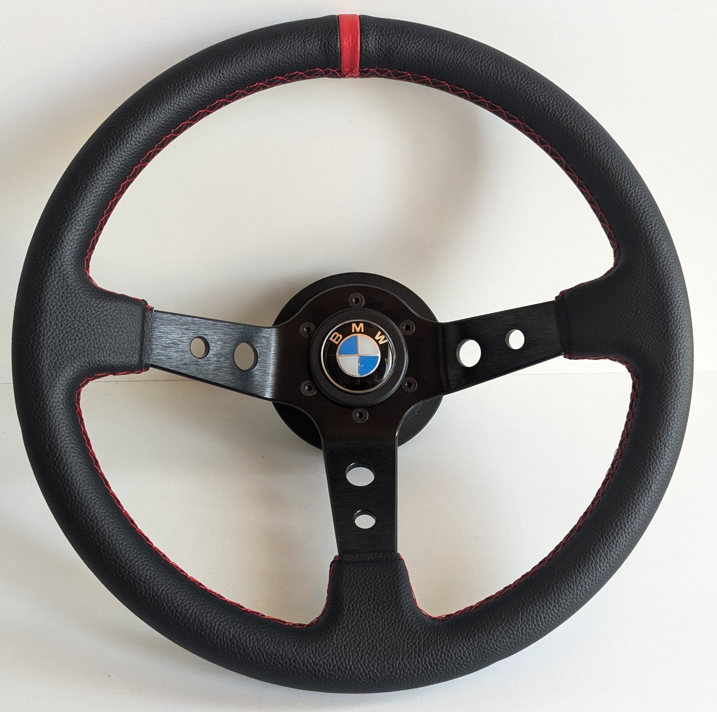Steering Wheel For BMW E10 2002 1502 1602 1802 (1965-1976) - Deep Dish, Red Stitching, Black Spokes with Holes, Sport Vision, 350 mm