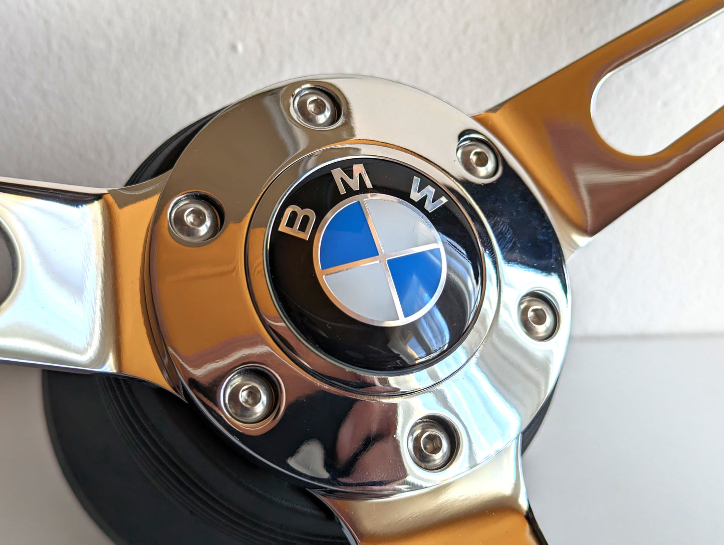 Steering Wheel For BMW E10 2002 1502 1602 1802 (1965-1976) - 380mm Wooden Rim, Black Finish & Chrome Spokes