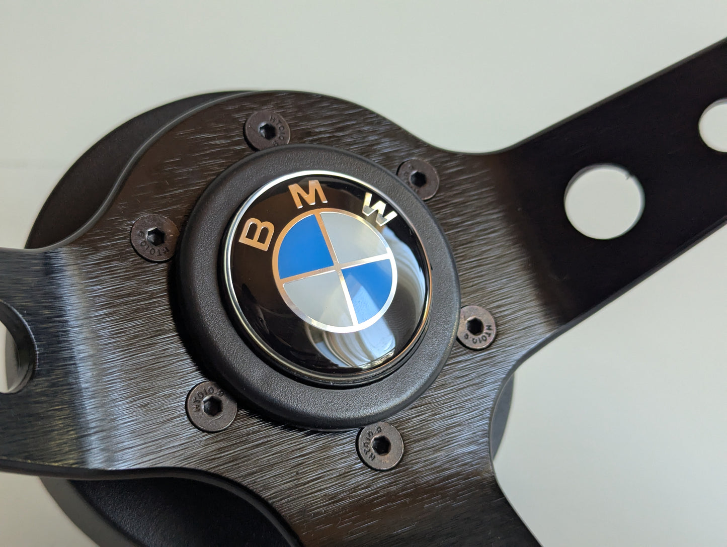 Steering Wheel For BMW E10 2002 1502 1602 1802 (1965-1976) - Deep Dish, Yellow Stitching, Black Spokes with Holes, Sport Vision, 350 mm