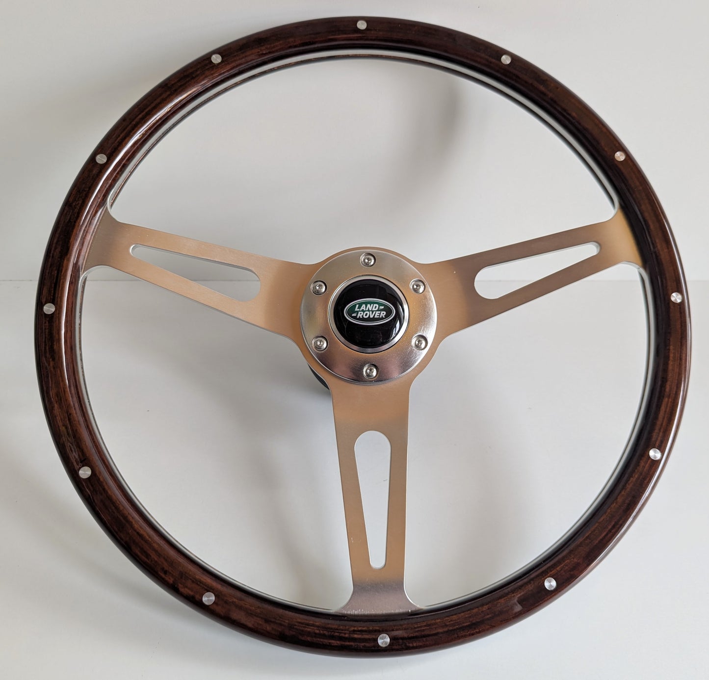 Steering Wheel For Land Rover Defender 36 splines 90 110 130 - Wooden Rim, Classic, Vintage Vision, Silver Spokes, 380mm