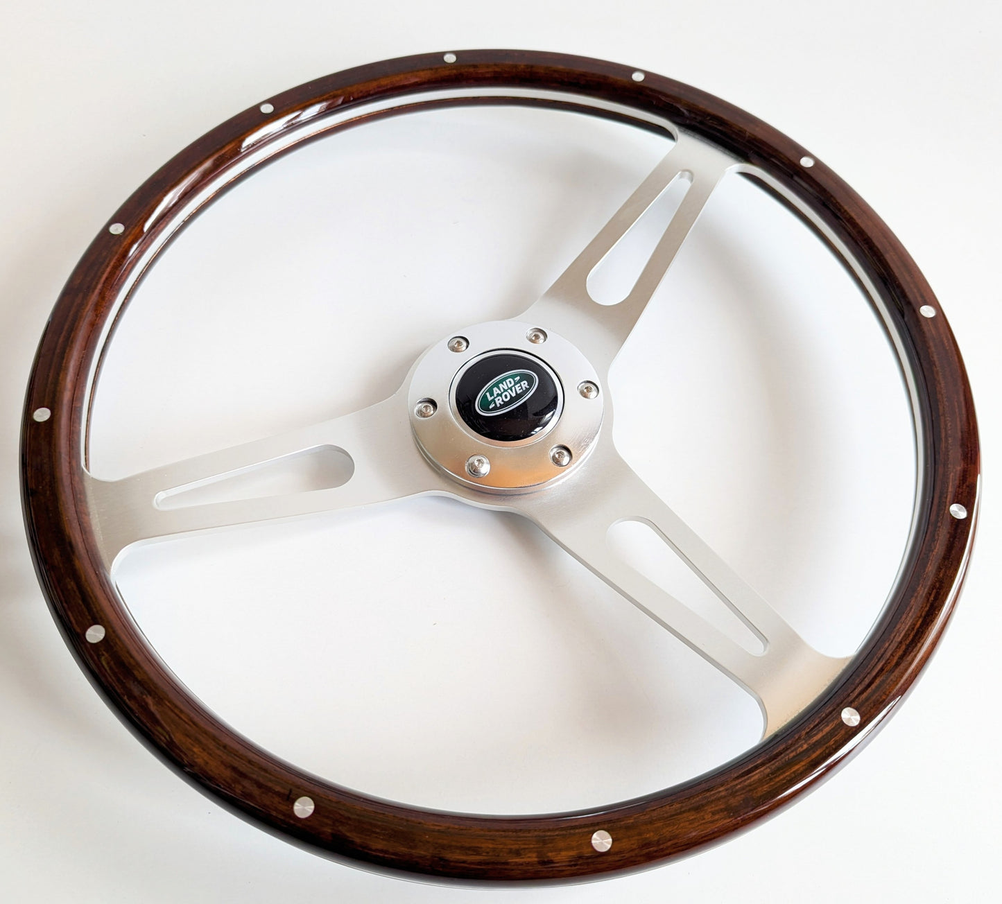 Steering Wheel For Land Rover - No Hub Adapter Included, Wooden Rim, Classic, Vintage Vision, Silver Spokes, 380 mm