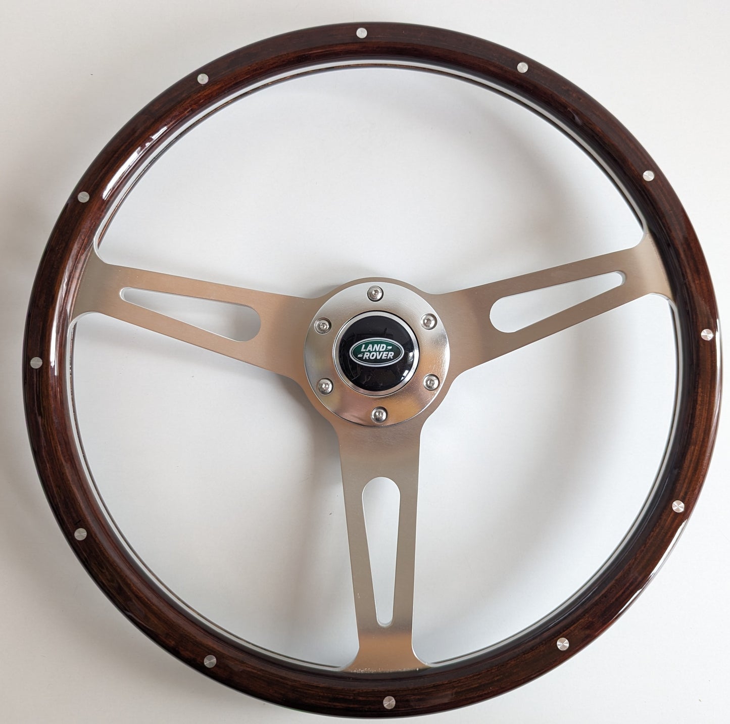 Steering Wheel For Land Rover - No Hub Adapter Included, Wooden Rim, Classic, Vintage Vision, Silver Spokes, 380 mm