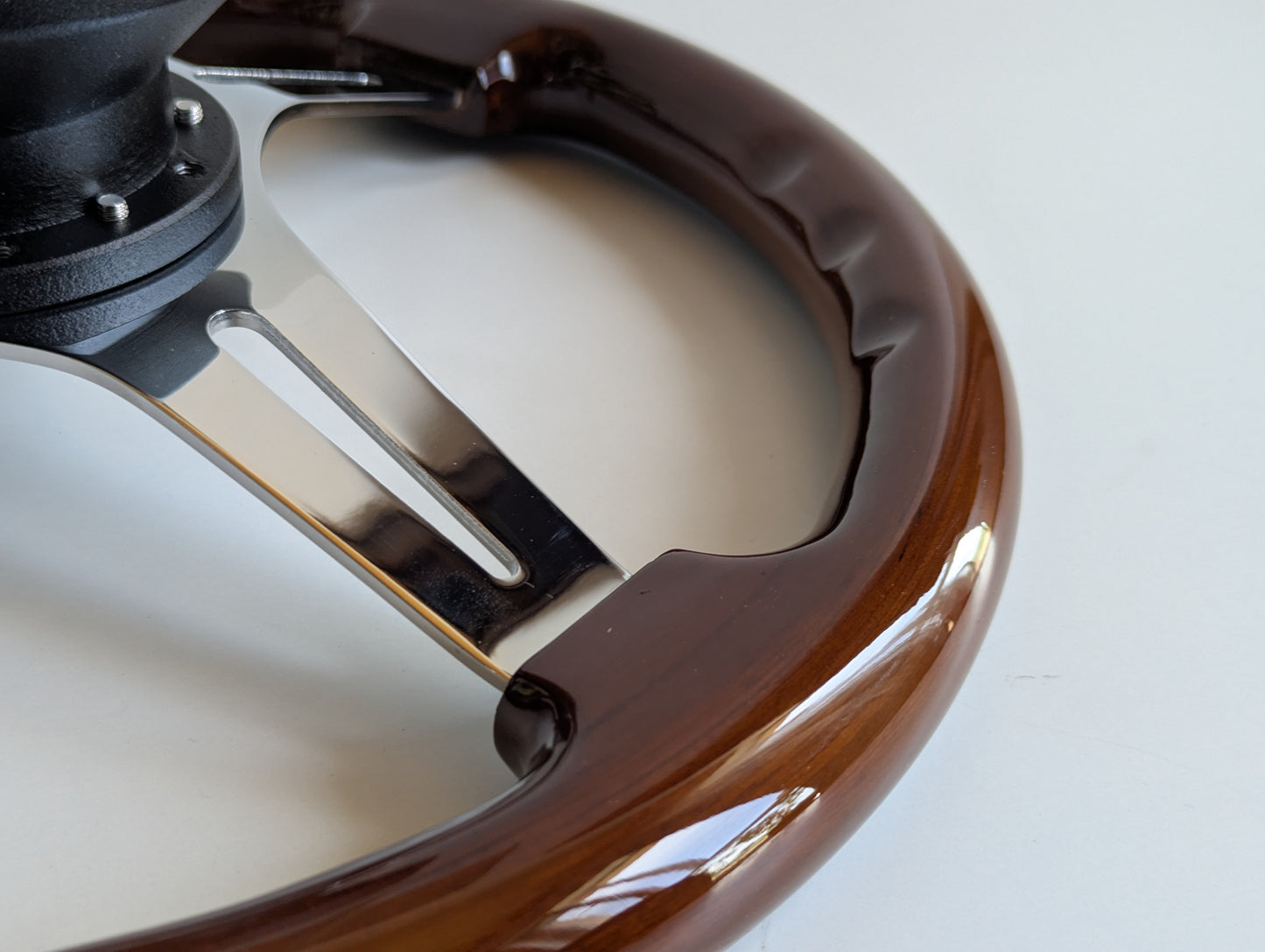 Steering Wheel For Alfa Romeo SPIDER (1990-1994) - Solid Wood, Vintage Chrome Spokes, Black Trim, 350 mm
