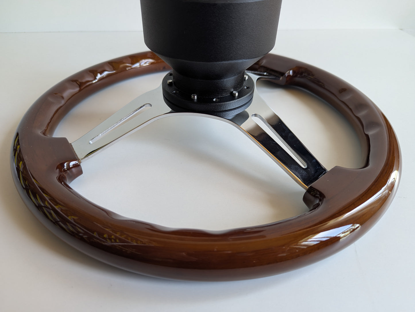 Steering Wheel For Alfa Romeo SPIDER (1990-1994) - Solid Wood, Vintage Chrome Spokes, Black Trim, 350 mm
