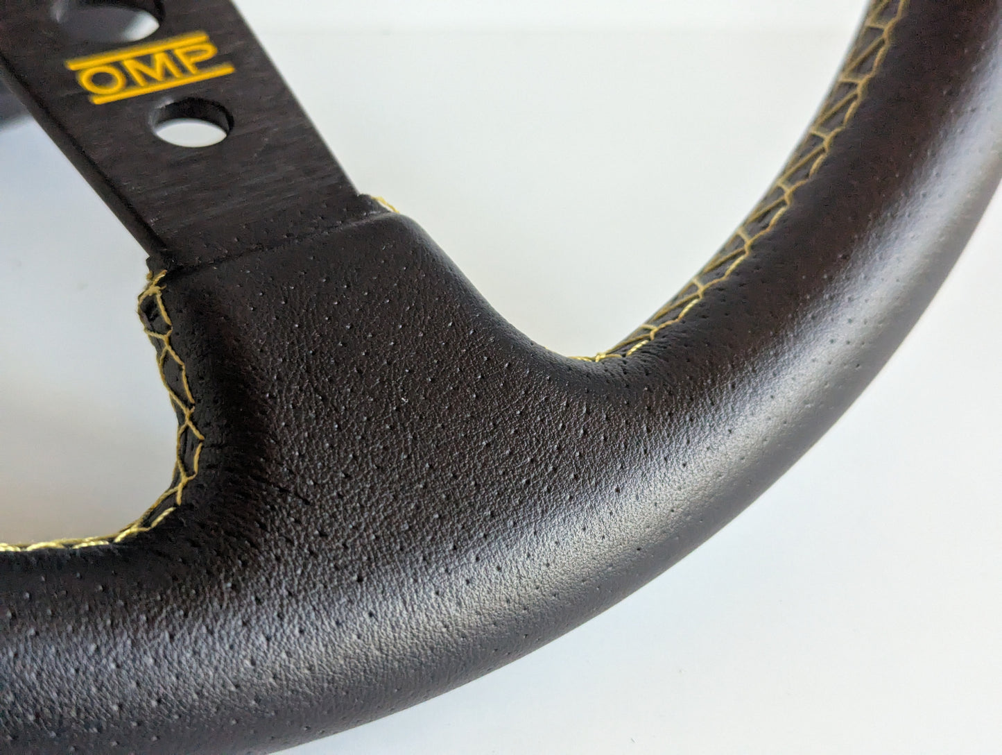 Steering Wheel For BMW E10 2002 1502 1602 1802 (1965-1976) - Deep Dish, Yellow Stitching, Black Spokes with Holes, Sport Vision, 350 mm