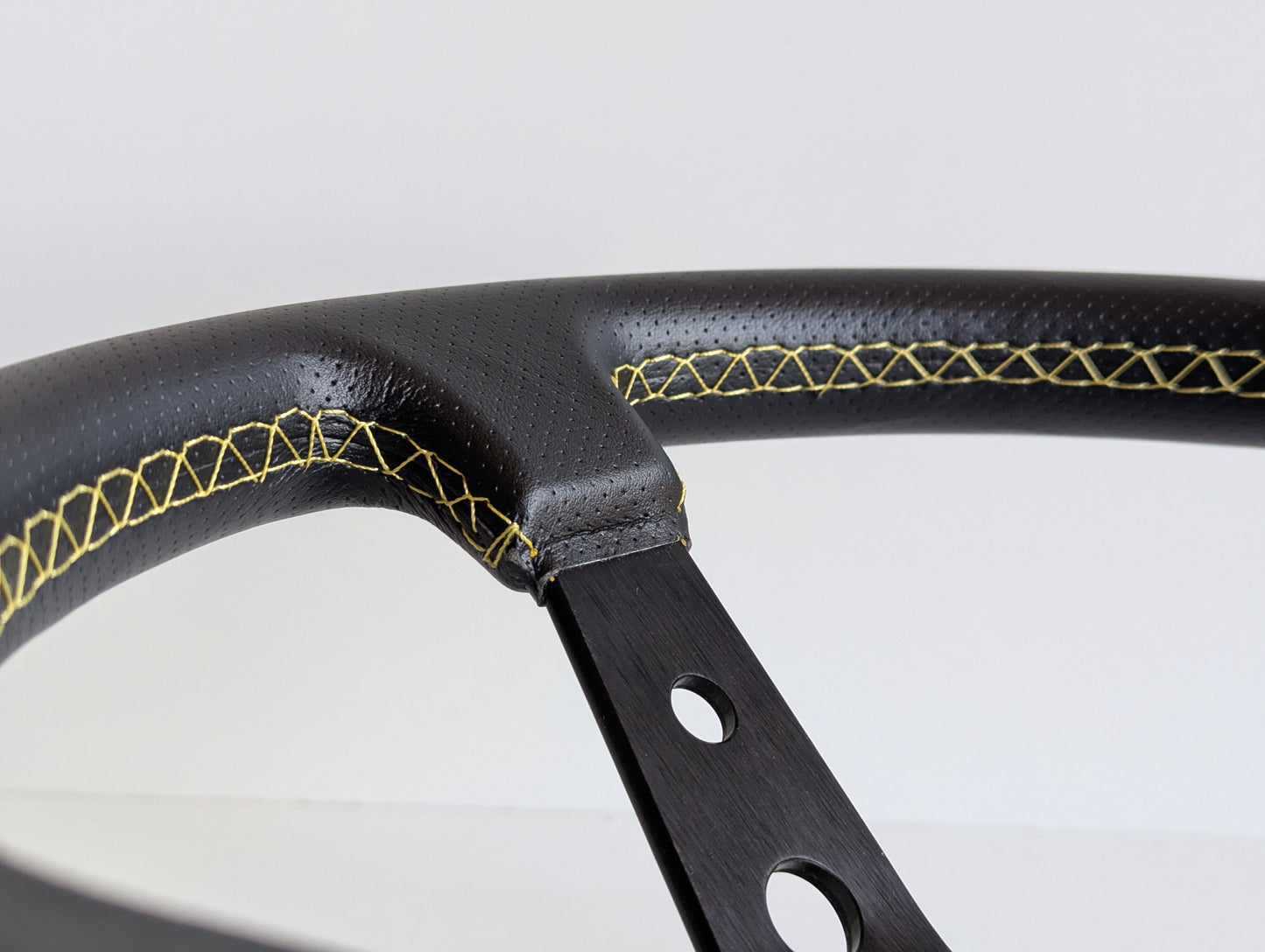 Steering Wheel For BMW E10 2002 1502 1602 1802 (1965-1976) - Deep Dish, Yellow Stitching, Black Spokes with Holes, Sport Vision, 350 mm