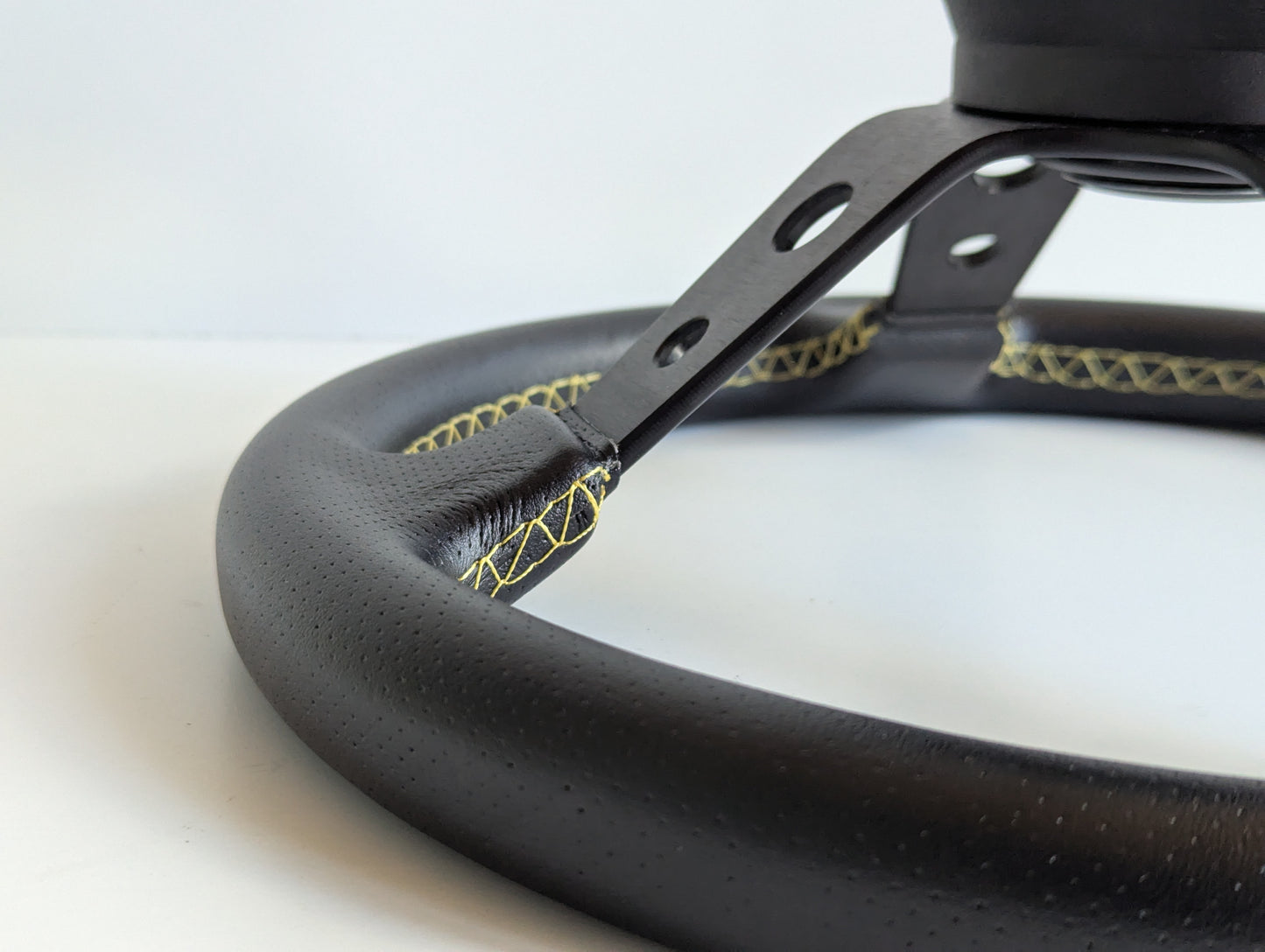 Steering Wheel For BMW E10 2002 1502 1602 1802 (1965-1976) - Deep Dish, Yellow Stitching, Black Spokes with Holes, Sport Vision, 350 mm