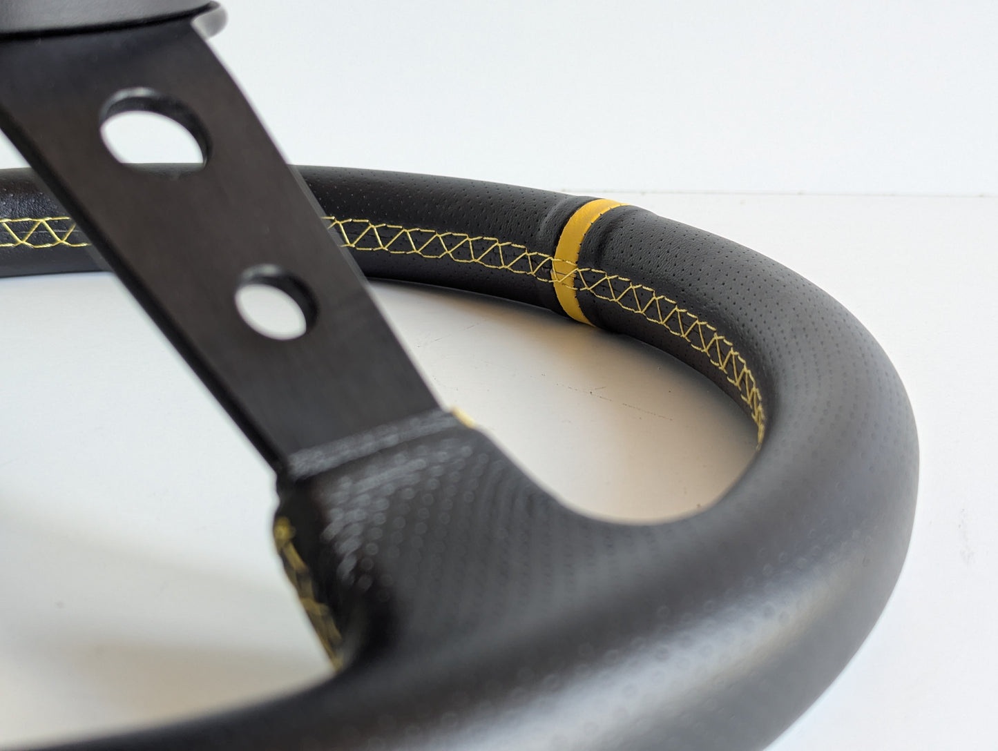 Steering Wheel For BMW E10 2002 1502 1602 1802 (1965-1976) - Deep Dish, Yellow Stitching, Black Spokes with Holes, Sport Vision, 350 mm