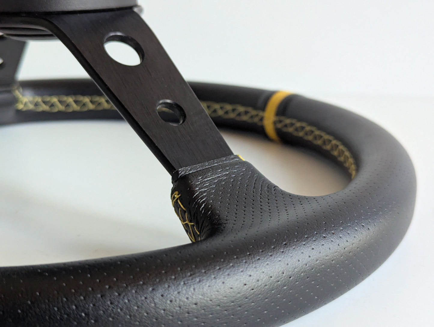 Steering Wheel For BMW E10 2002 1502 1602 1802 (1965-1976) - Deep Dish, Yellow Stitching, Black Spokes with Holes, Sport Vision, 350 mm