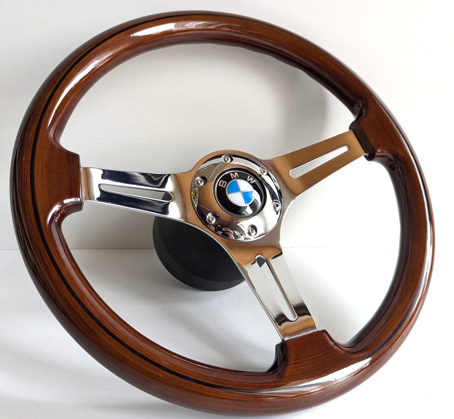 Steering Wheel For BMW E10 2002 1502 1602 1802 (1965-1976) - Solid Wood, Vintage Chrome Spokes, Black Trim, 350 mm