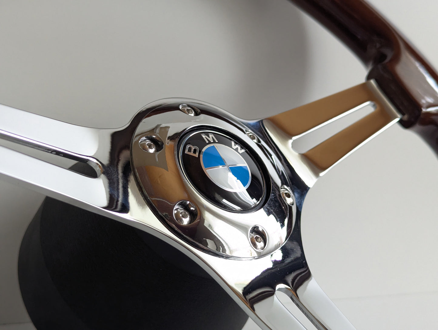 Steering Wheel For BMW E10 2002 1502 1602 1802 (1965-1976) - Solid Wood, Vintage Chrome Spokes, Black Trim, 350 mm
