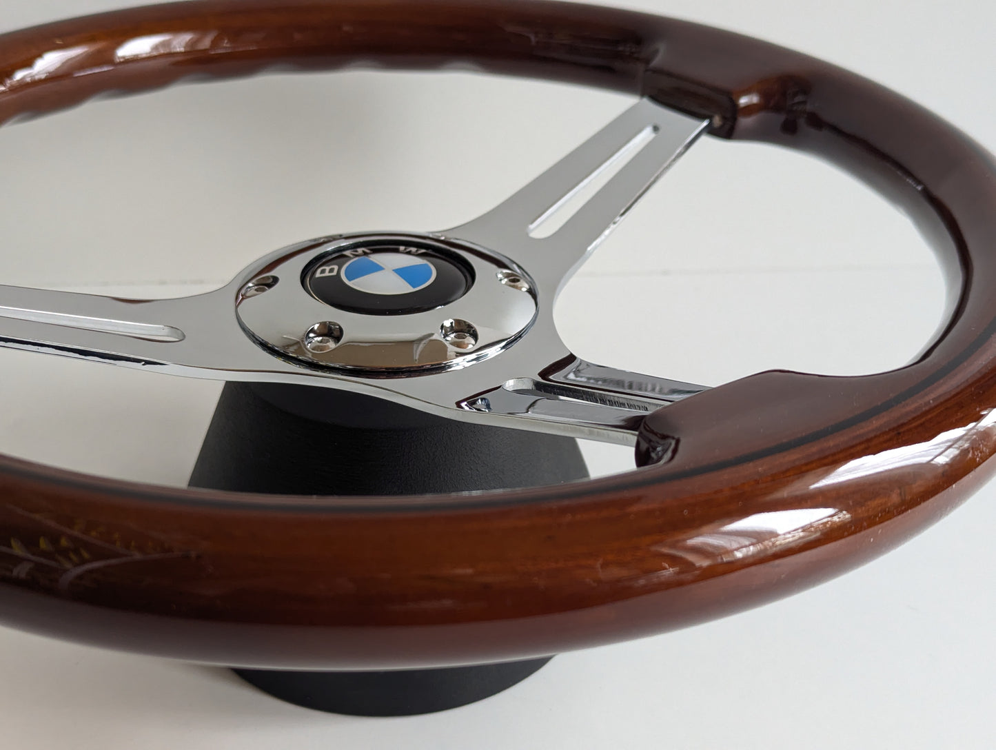 Steering Wheel For BMW E10 2002 1502 1602 1802 (1965-1976) - Solid Wood, Vintage Chrome Spokes, Black Trim, 350 mm