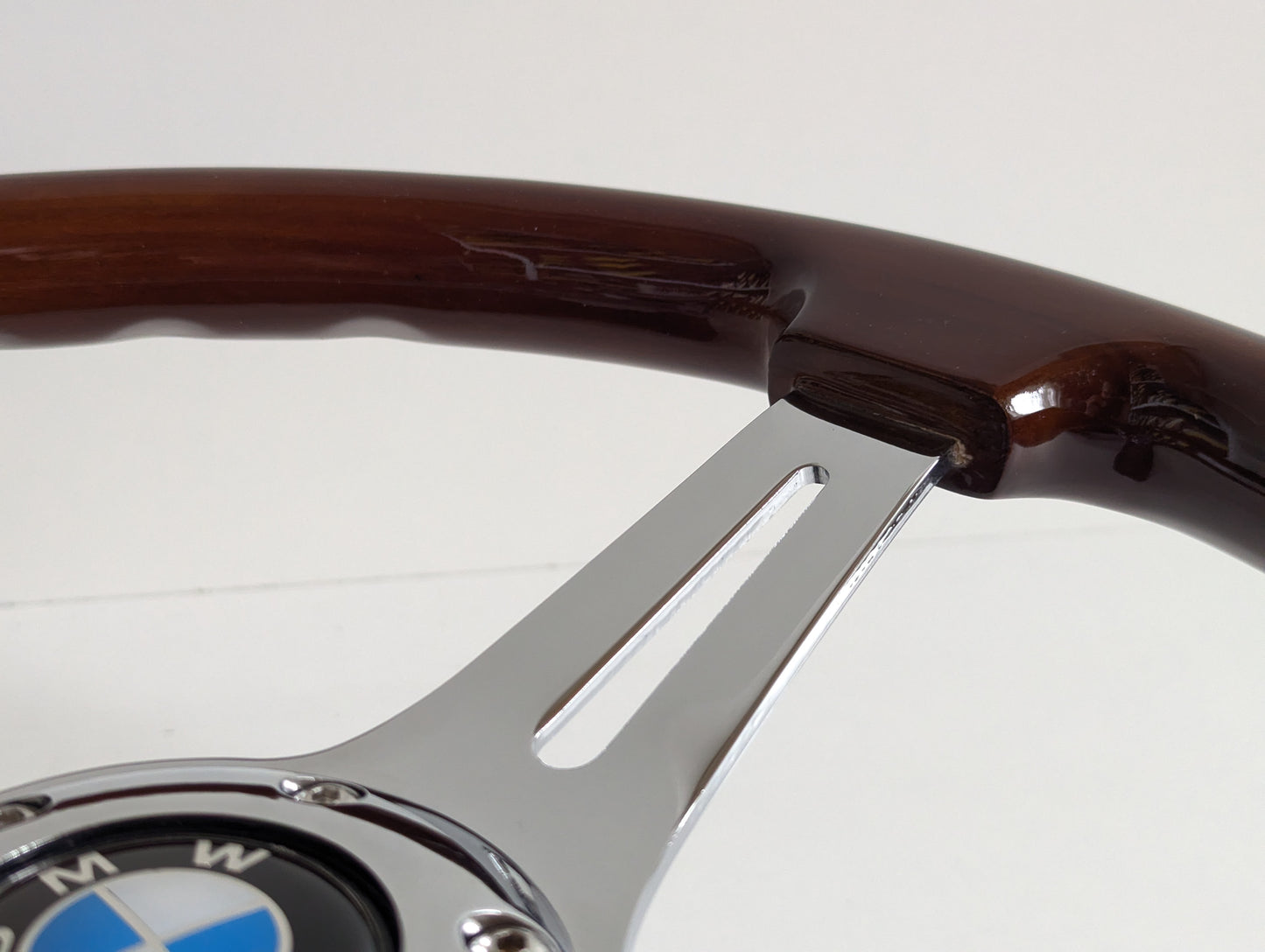 Steering Wheel For BMW E10 2002 1502 1602 1802 (1965-1976) - Solid Wood, Vintage Chrome Spokes, Black Trim, 350 mm