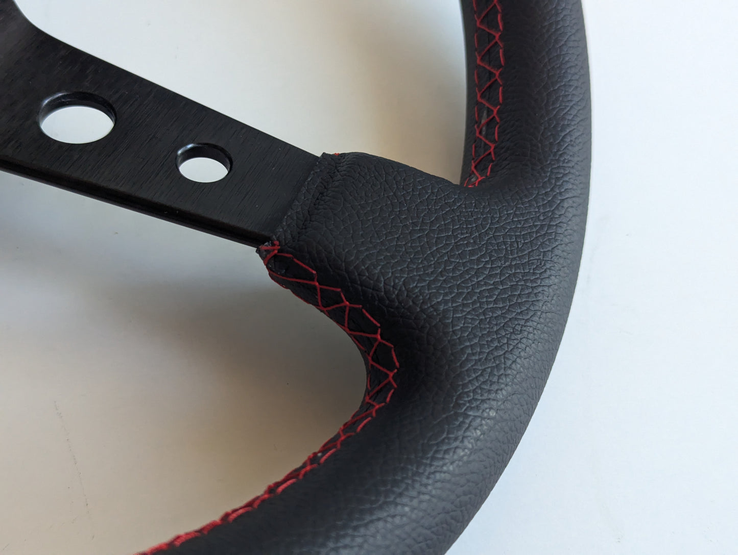 Steering Wheel For BMW E10 2002 1502 1602 1802 (1965-1976) - Deep Dish, Red Stitching, Black Spokes with Holes, Sport Vision, 350 mm