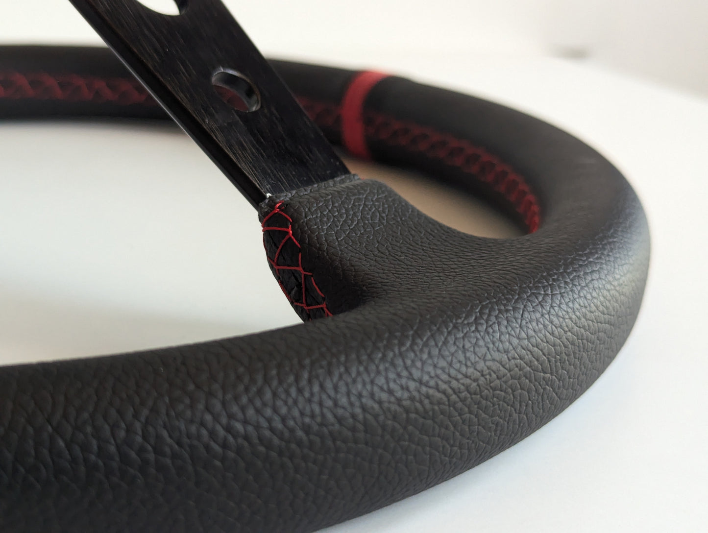 Steering Wheel For BMW E10 2002 1502 1602 1802 (1965-1976) - Deep Dish, Red Stitching, Black Spokes with Holes, Sport Vision, 350 mm