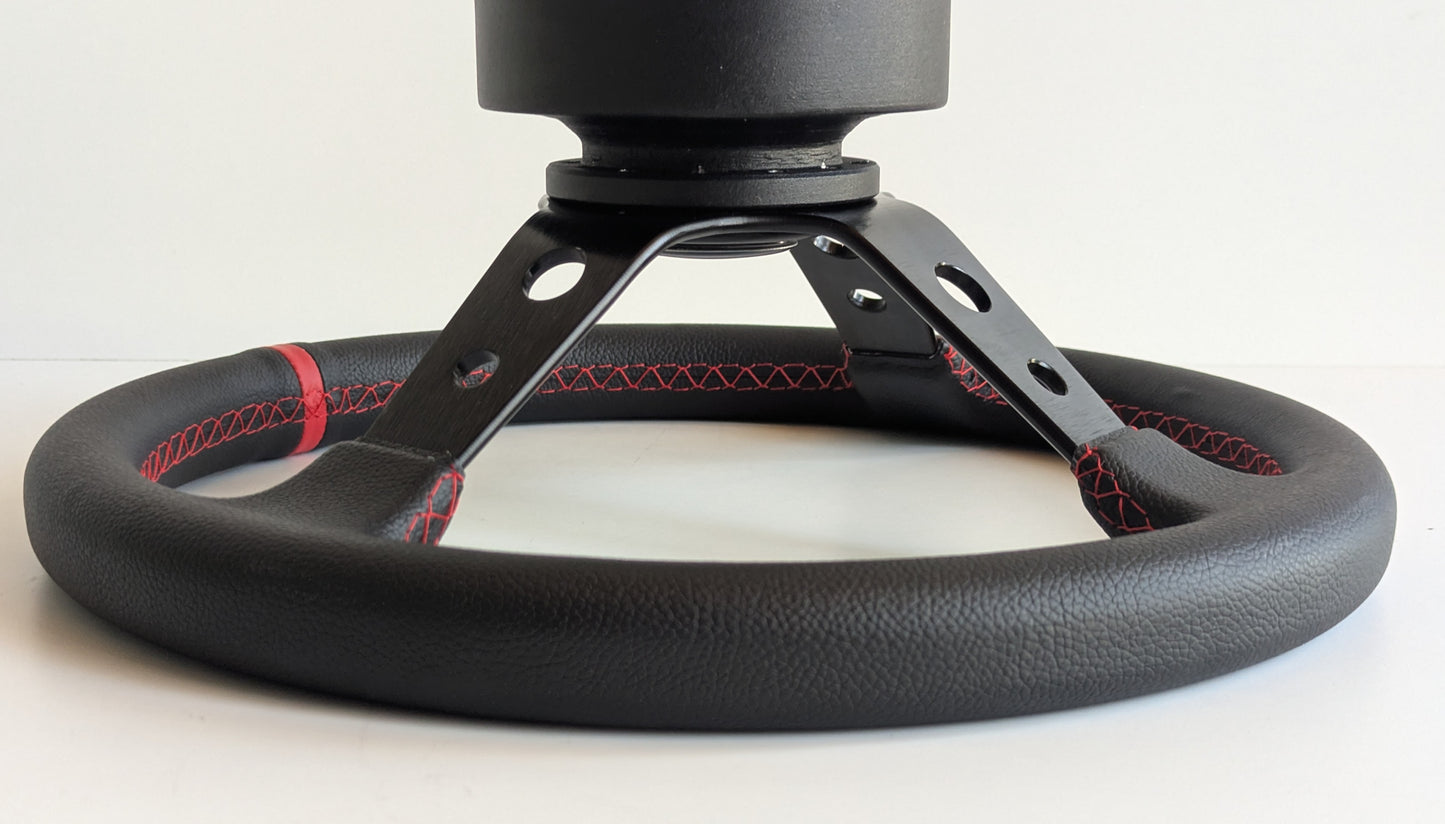 Steering Wheel For BMW E10 2002 1502 1602 1802 (1965-1976) - Deep Dish, Red Stitching, Black Spokes with Holes, Sport Vision, 350 mm