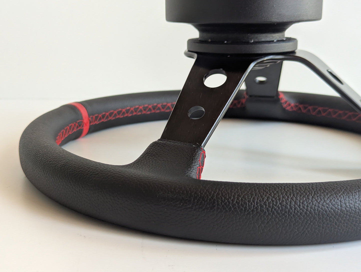 Steering Wheel For BMW E10 2002 1502 1602 1802 (1965-1976) - Deep Dish, Red Stitching, Black Spokes with Holes, Sport Vision, 350 mm