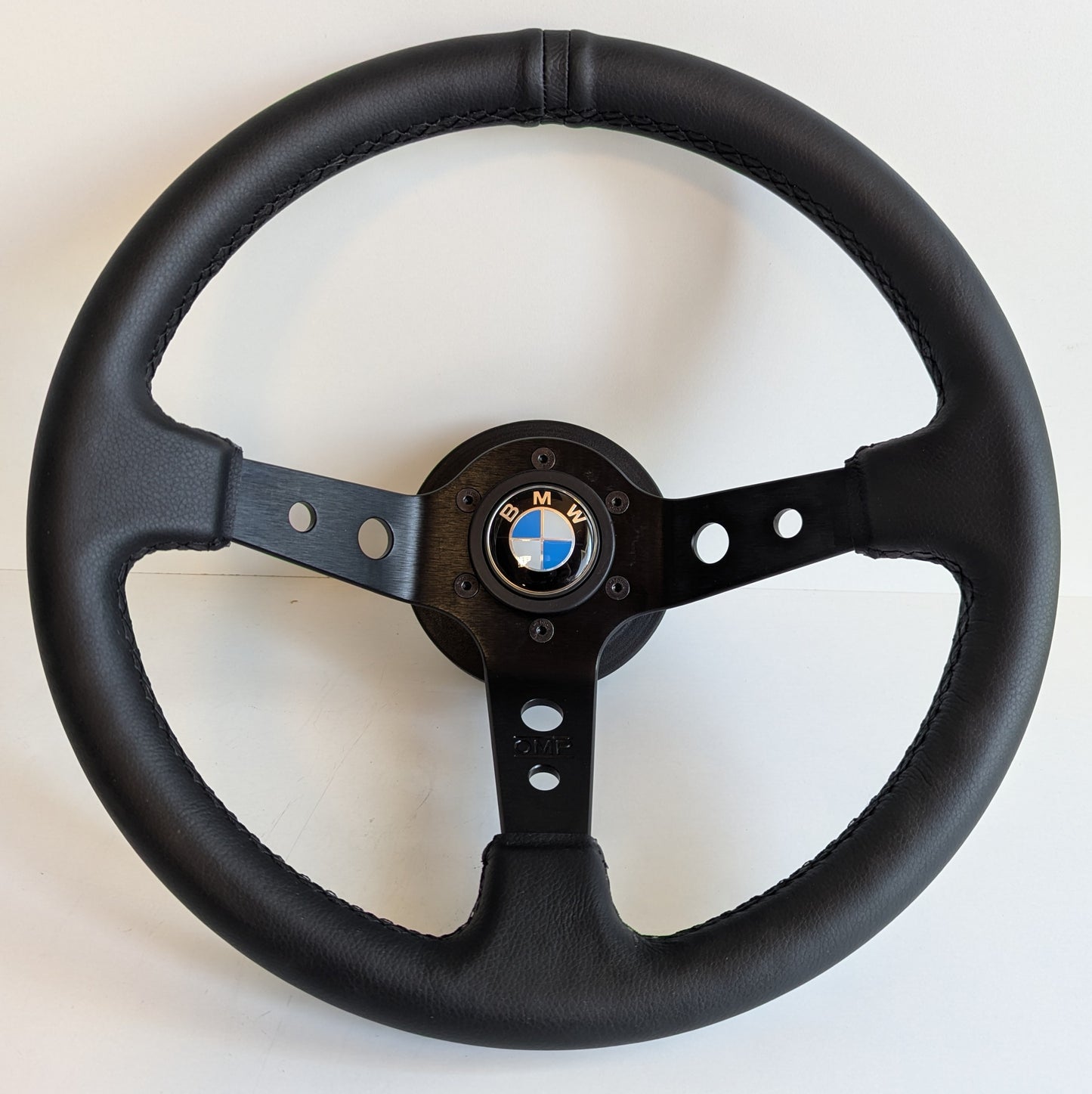 Steering Wheel For BMW E10 2002 1502 1602 1802 (1965-1976) - Deep Dish, Black Stitching, Black Spokes with Holes, Sport Vision, 350 mm