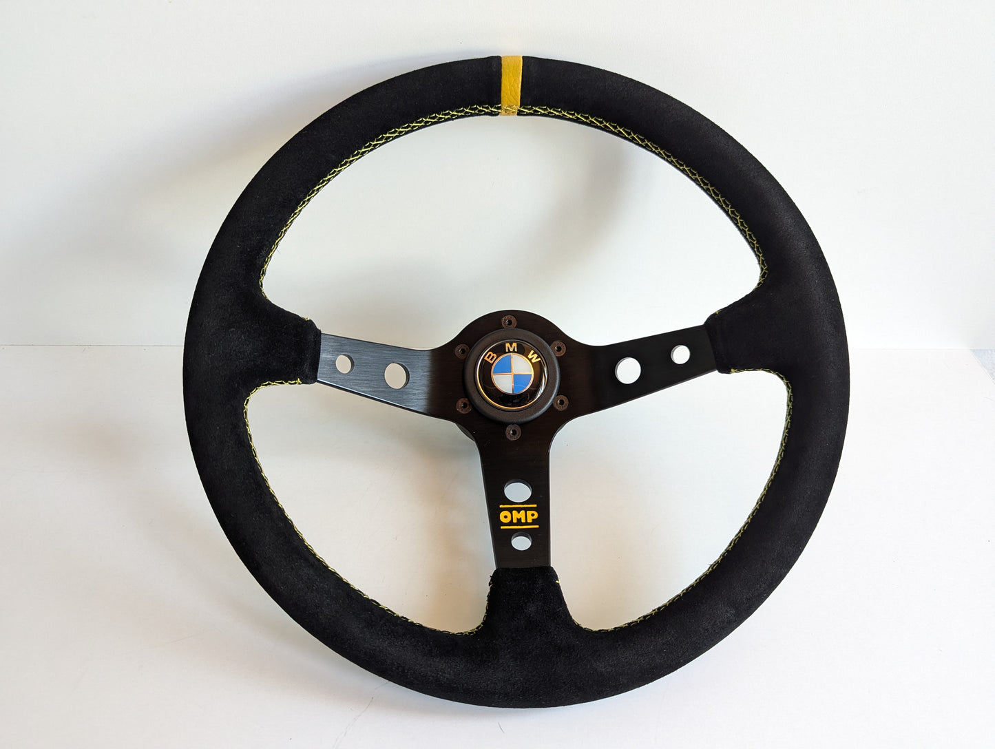 Steering Wheel For BMW E10 2002 1502 1602 1802 (1965-1976) - Deep Dish, Alcantara Suede, Yellow Stitching 350 mm