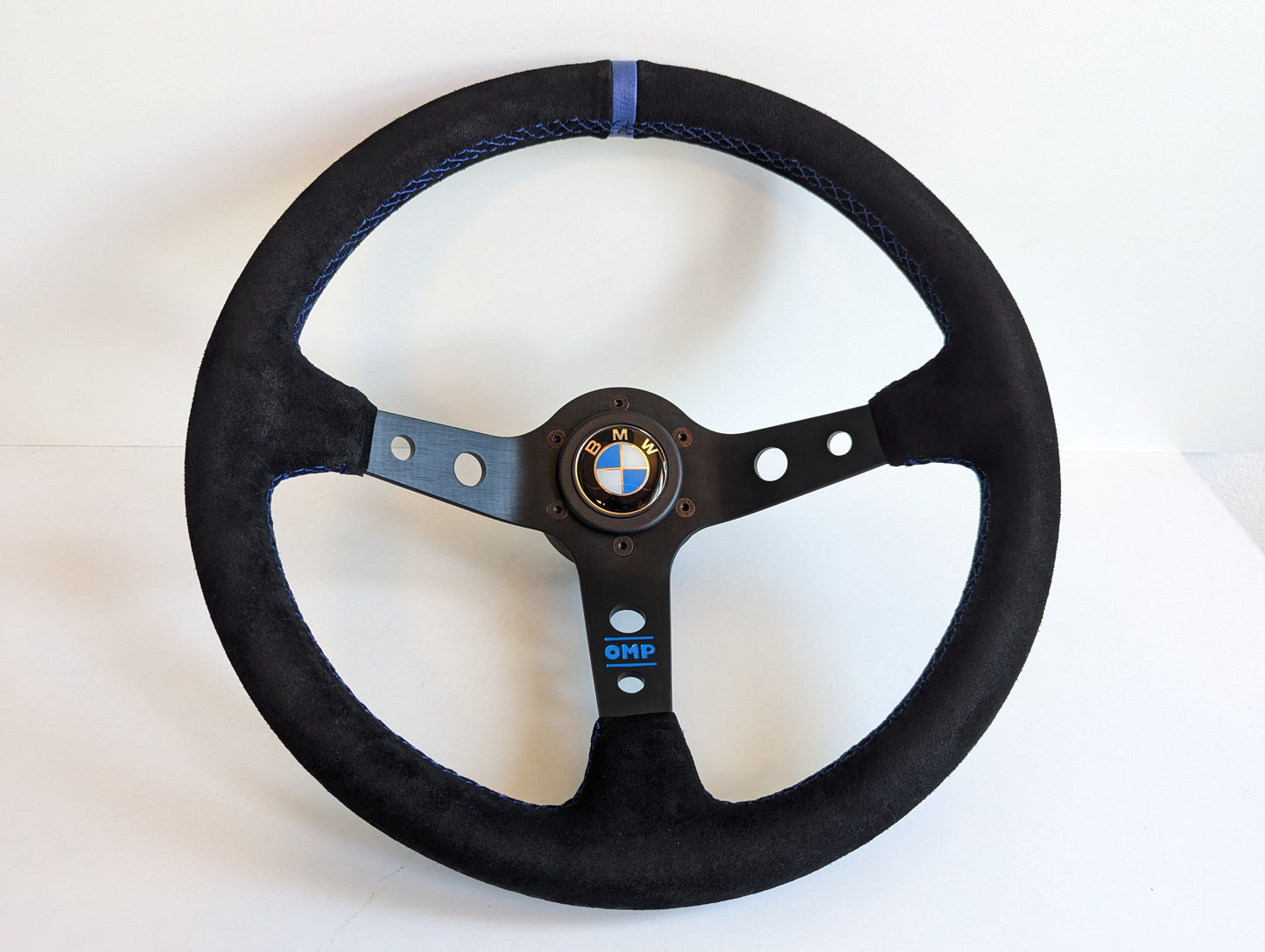 Steering Wheel For BMW E10 2002 1502 1602 1802 (1965-1976) - Deep Dish, Alcantara Suede, Blue Stitching 350 mm