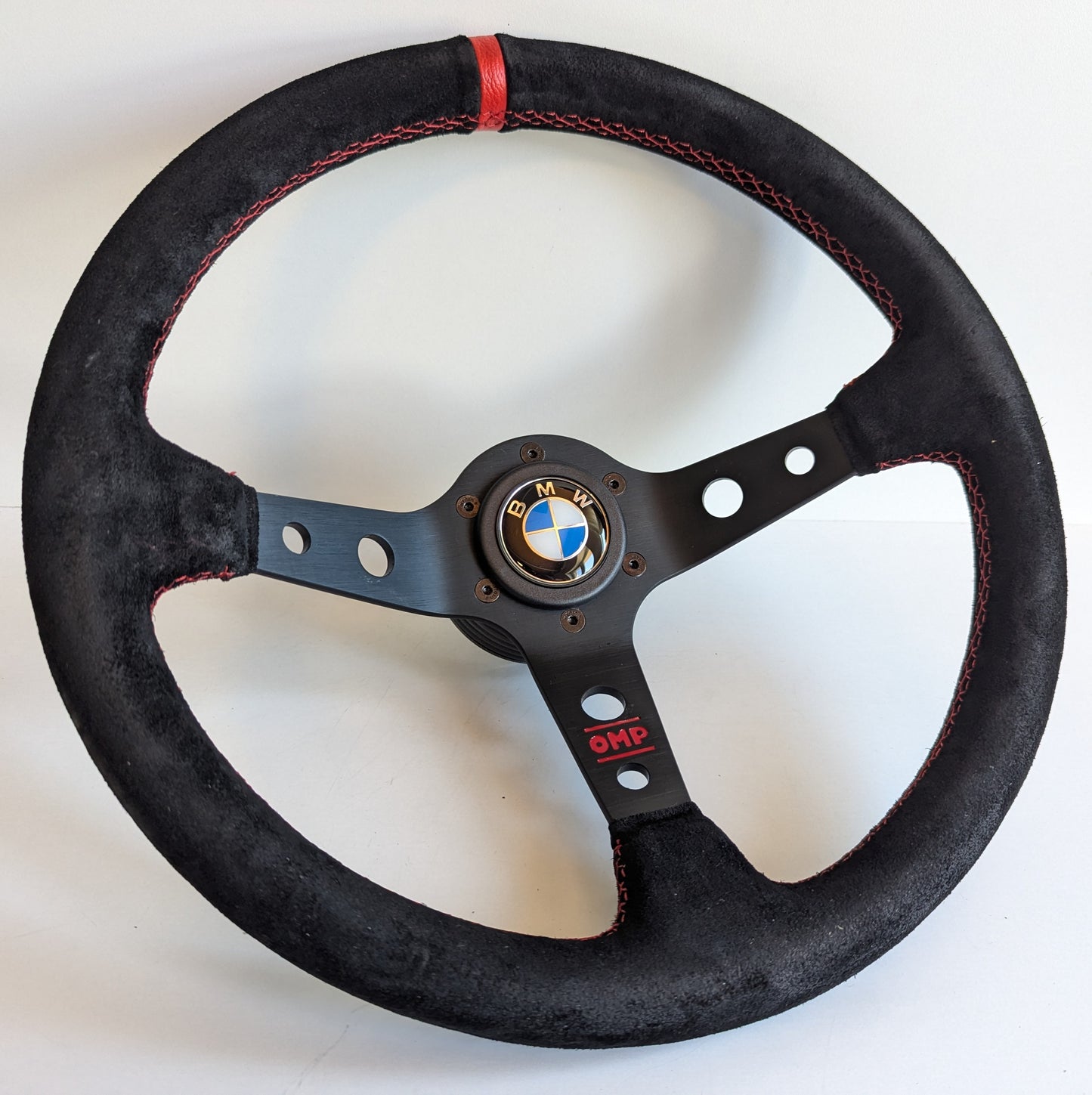 Steering Wheel For BMW E10 2002 1502 1602 1802 (1965-1976) - Deep Dish, Alcantara Suede, Red Stitching 350 mm