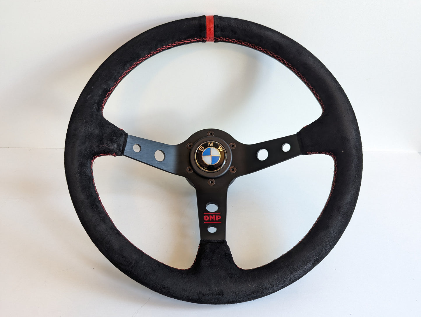 Steering Wheel For BMW E10 2002 1502 1602 1802 (1965-1976) - Deep Dish, Alcantara Suede, Red Stitching 350 mm