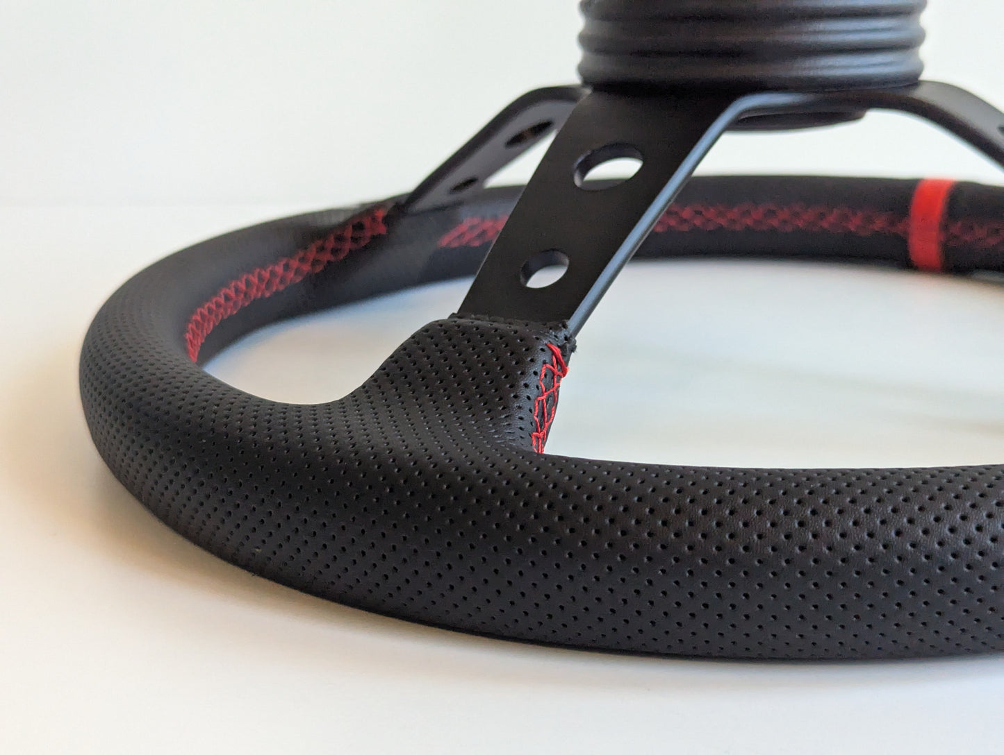 Steering Wheel For Mitsubishi Eclipse Lancer Evo Galant Pajero - Deep Dish, Red Stitching, Black Spokes with Holes, Sport Vision, 350 mm