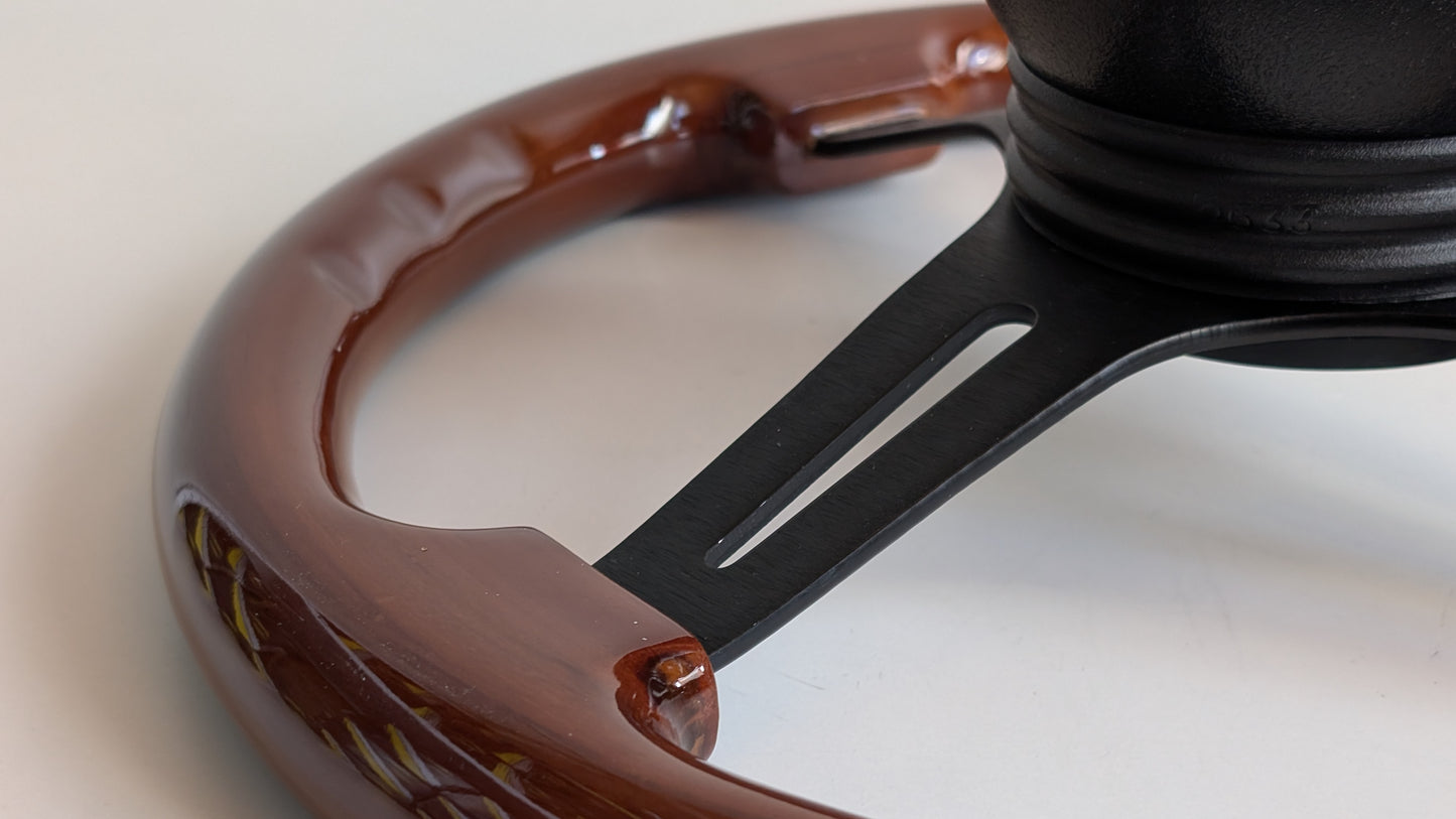 Steering Wheel For Fiat 124, 125, 128 & 850 Berlina / Special (Since 1965) - Solid Wood, Black Trim, Vintage, Black Spokes, 350 mm