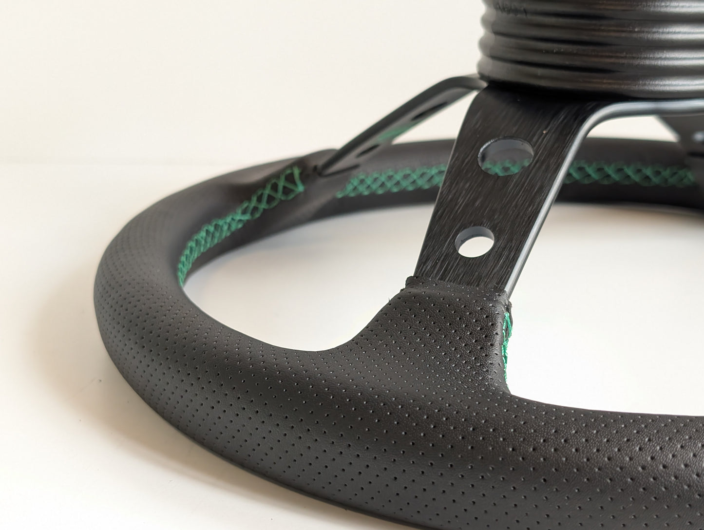 Steering Wheel For VW T4 Bus Multyvan Caravelle - Deep Dish, Green Stitching, Black Spokes with Holes, Sport Vision, 350 mm