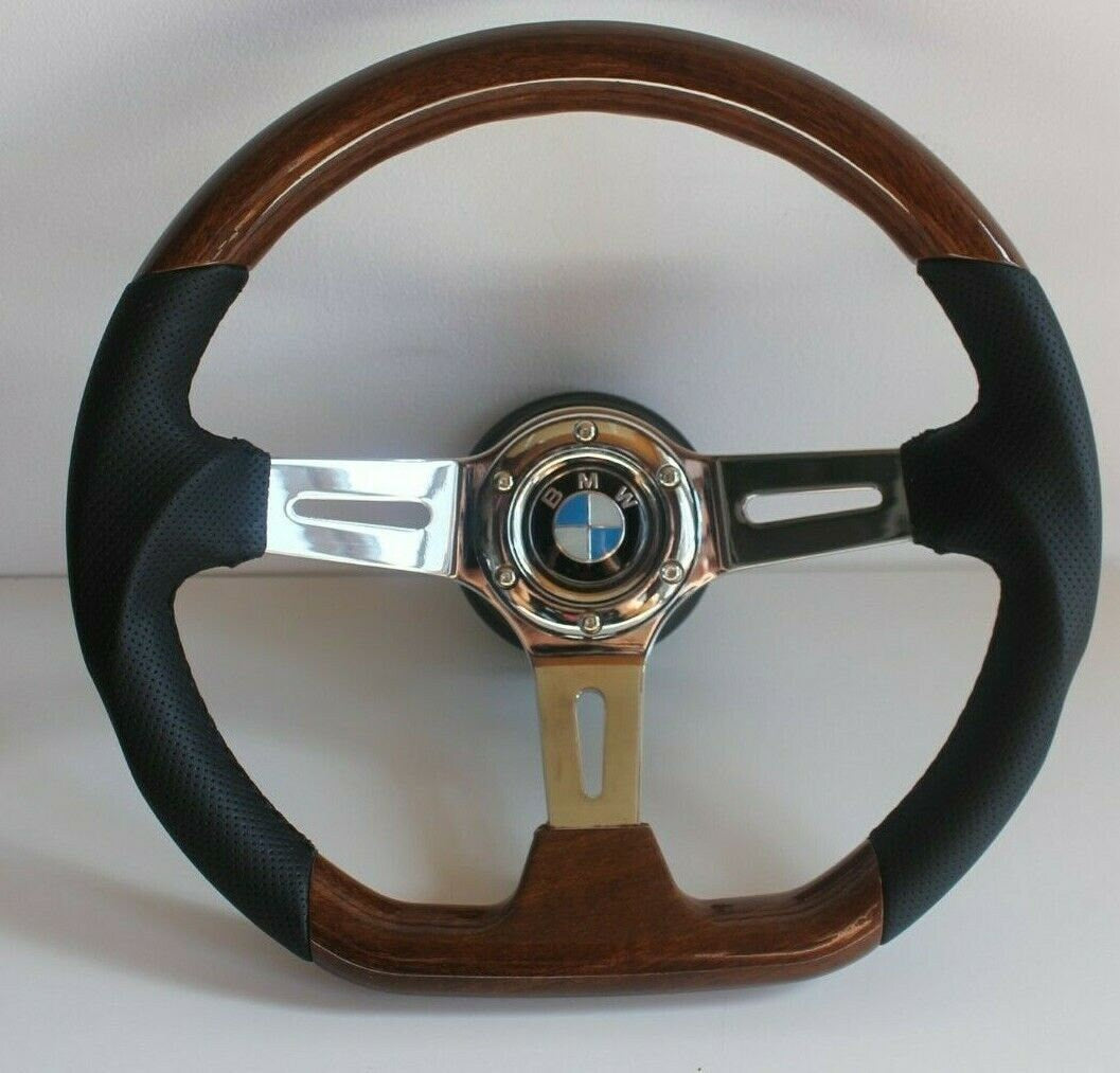 Steering Wheel For BMW E24 E28 E30 E32 E34 (1986-1992) - Flat Bottom, Wood, Vintage, Black Leather, Chrome spokes, 350 mm