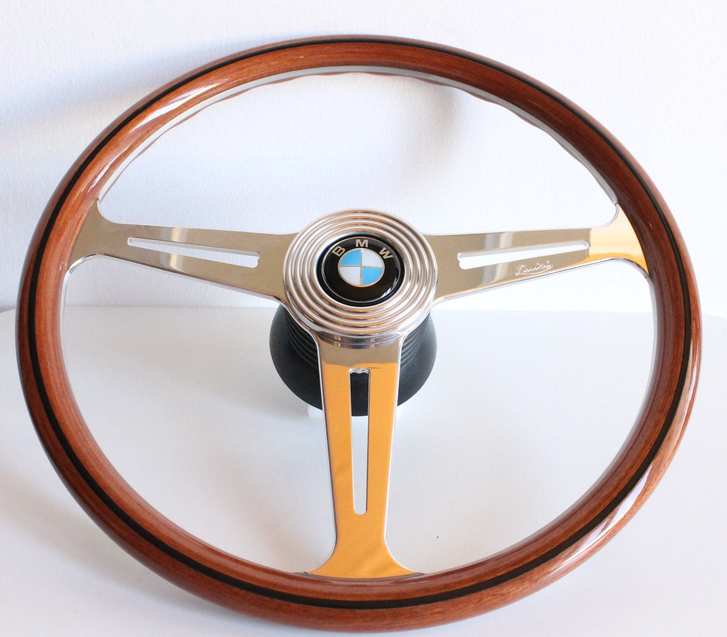 Steering Wheel For BMW E10 2002 1502 1602 1802 (1965-1976) - Luisi OEM, Solid Wood, Premium, Vintage, Classic Style, Chrome Spokes, 390 mm