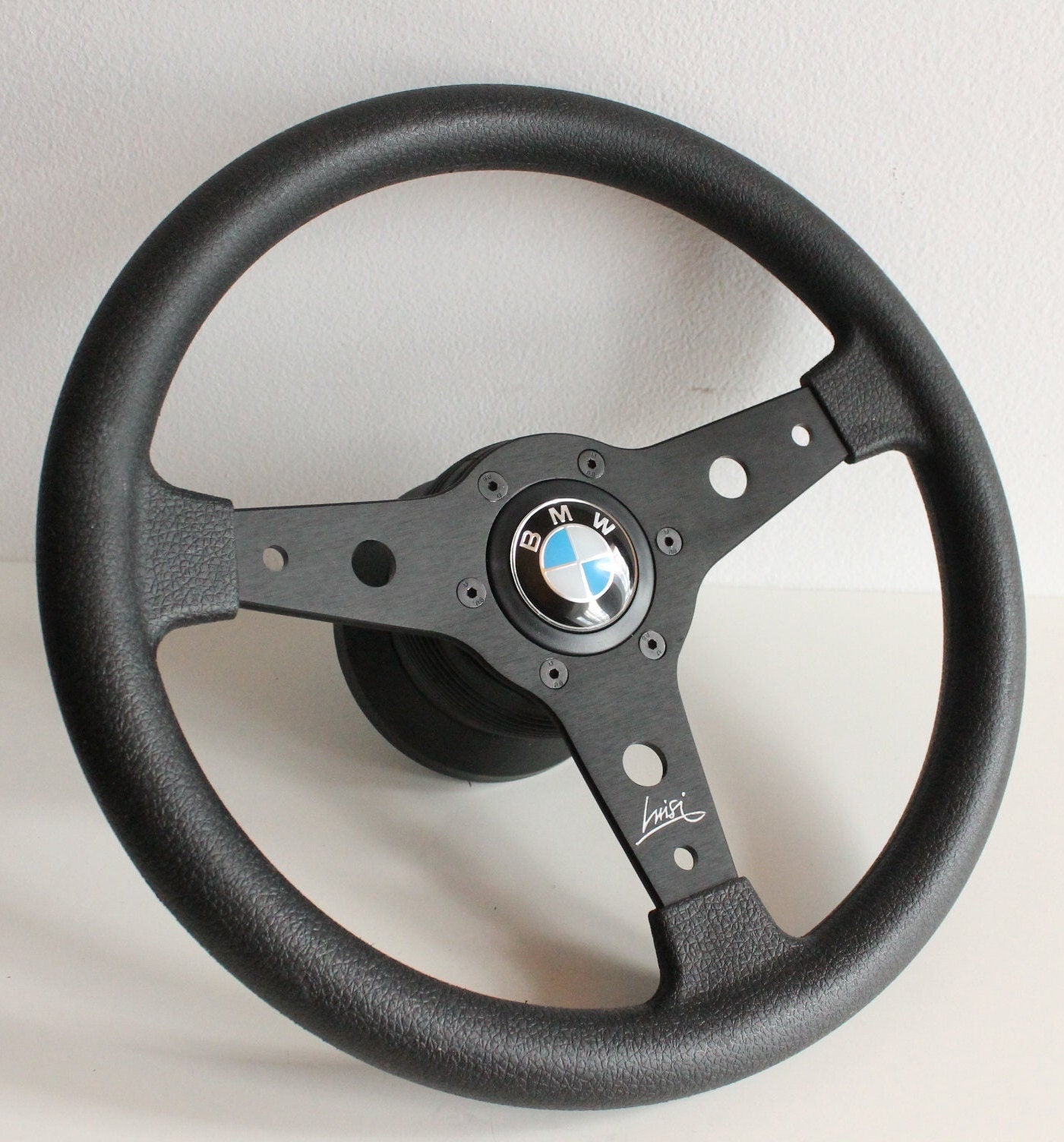 Steering Wheel For BMW E10 2002 1502 1602 1802 (1965-1976) - Luisi, Drift, Black Anti-Slip Leather, Silver Spokes, 340 mm