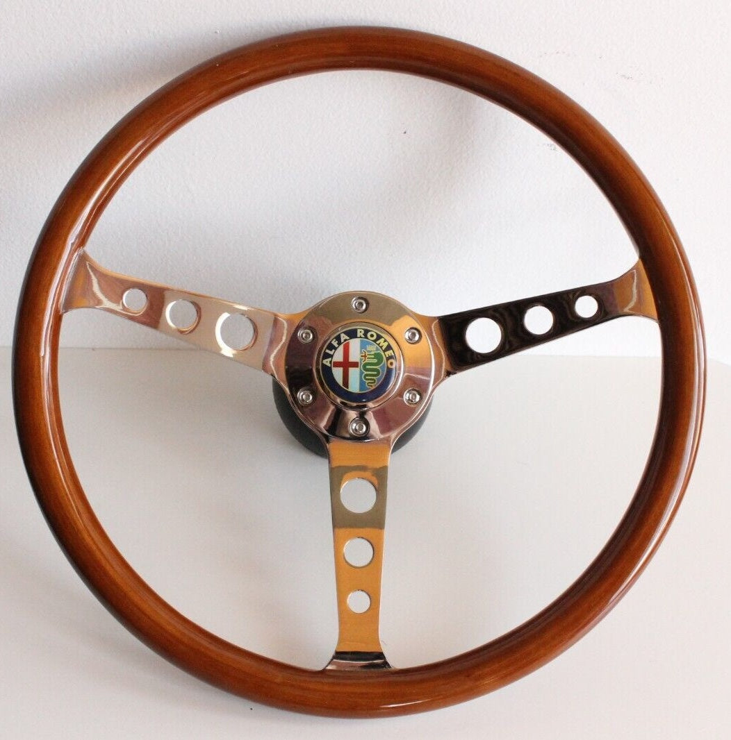 Steering Wheel For Alfa Romeo Alfetta Gulietta GTV 6 GTV 2000 - Wooden Rim, Chrome Spokes with Holes, Classic, Vintage Style, 380 mm