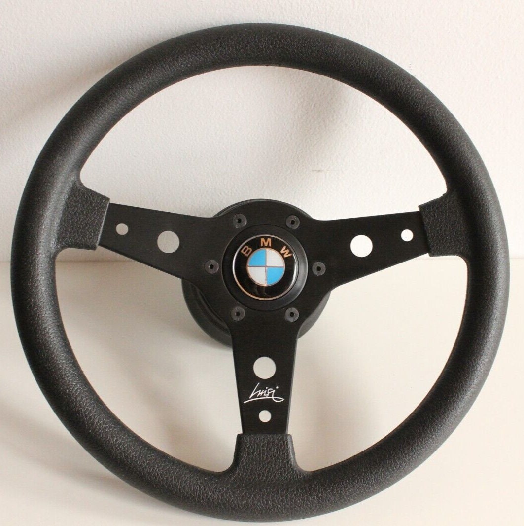 Steering Wheel For BMW E10 2002 1502 1602 1802 (1965-1976) - Luisi, Drift, Black Anti-Slip Leather, Silver Spokes, 340 mm