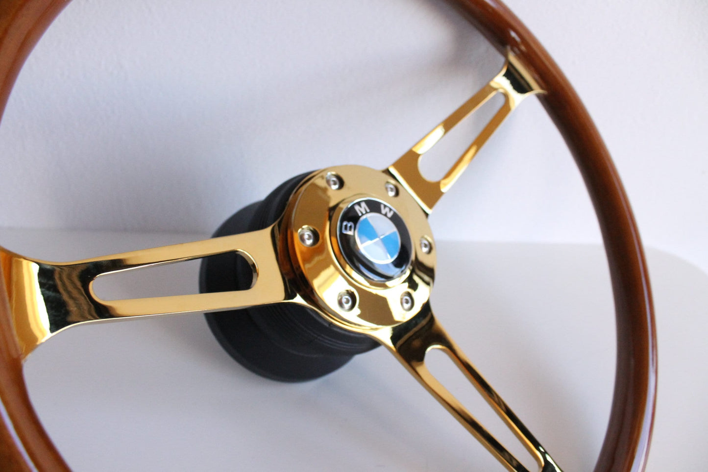 Steering Wheel For BMW E10 2002 1502 1602 1802 (1965-1976) - Solid Wood, Vintage Gold Spokes, Classic Style, 380 mm