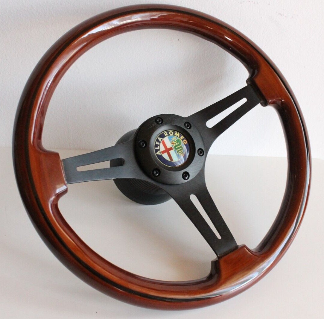 Steering Wheel For Alfa Romeo Alfetta Gulietta GTV 6 GTV 2000 - Solid Wood, Black Trim, Vintage, Black Spokes, 350 mm