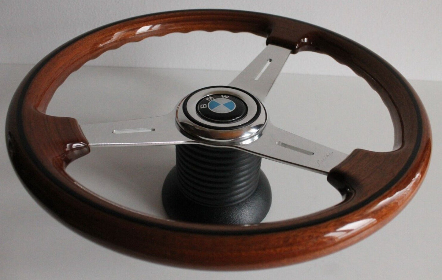 Steering Wheel For BMW E24 E28 E30 E32 E34 (1986-1992) - 365mm, OEM By Luisi, Made in Italy, Solid Wood with Black Trim, Chrome Spokes, Premium Quality