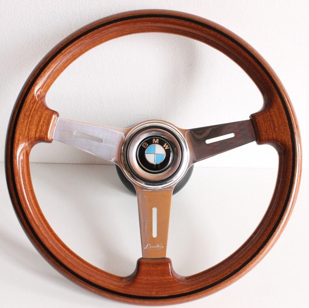 Steering Wheel For BMW E24 E28 E30 E32 E34 (1986-1992) - 365mm, OEM By Luisi, Made in Italy, Solid Wood with Black Trim, Chrome Spokes, Premium Quality