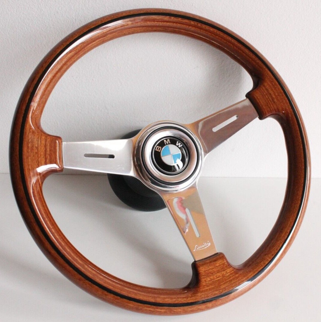 Steering Wheel For BMW E24 E28 E30 E32 E34 (1986-1992) - 365mm, OEM By Luisi, Made in Italy, Solid Wood with Black Trim, Chrome Spokes, Premium Quality