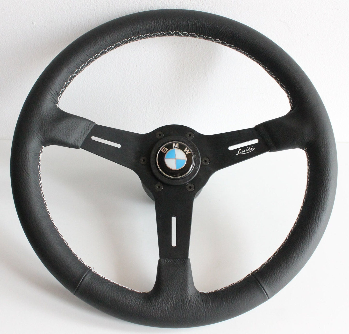 Steering Wheel For BMW E24 E28 E30 E32 E34 (1986-1992) - 370 mm, Made in Italy, OEM by Luisi, Black Leather, White Stitching, Premium Quality