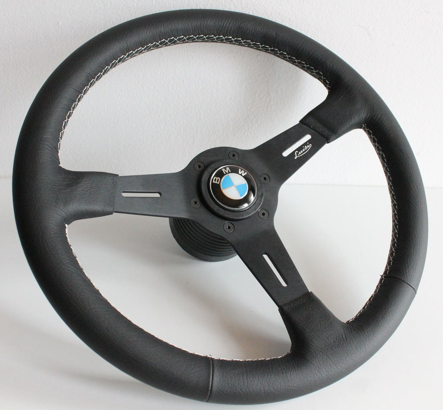 Steering Wheel For BMW E24 E28 E30 E32 E34 (1986-1992) - 370 mm, Made in Italy, OEM by Luisi, Black Leather, White Stitching, Premium Quality