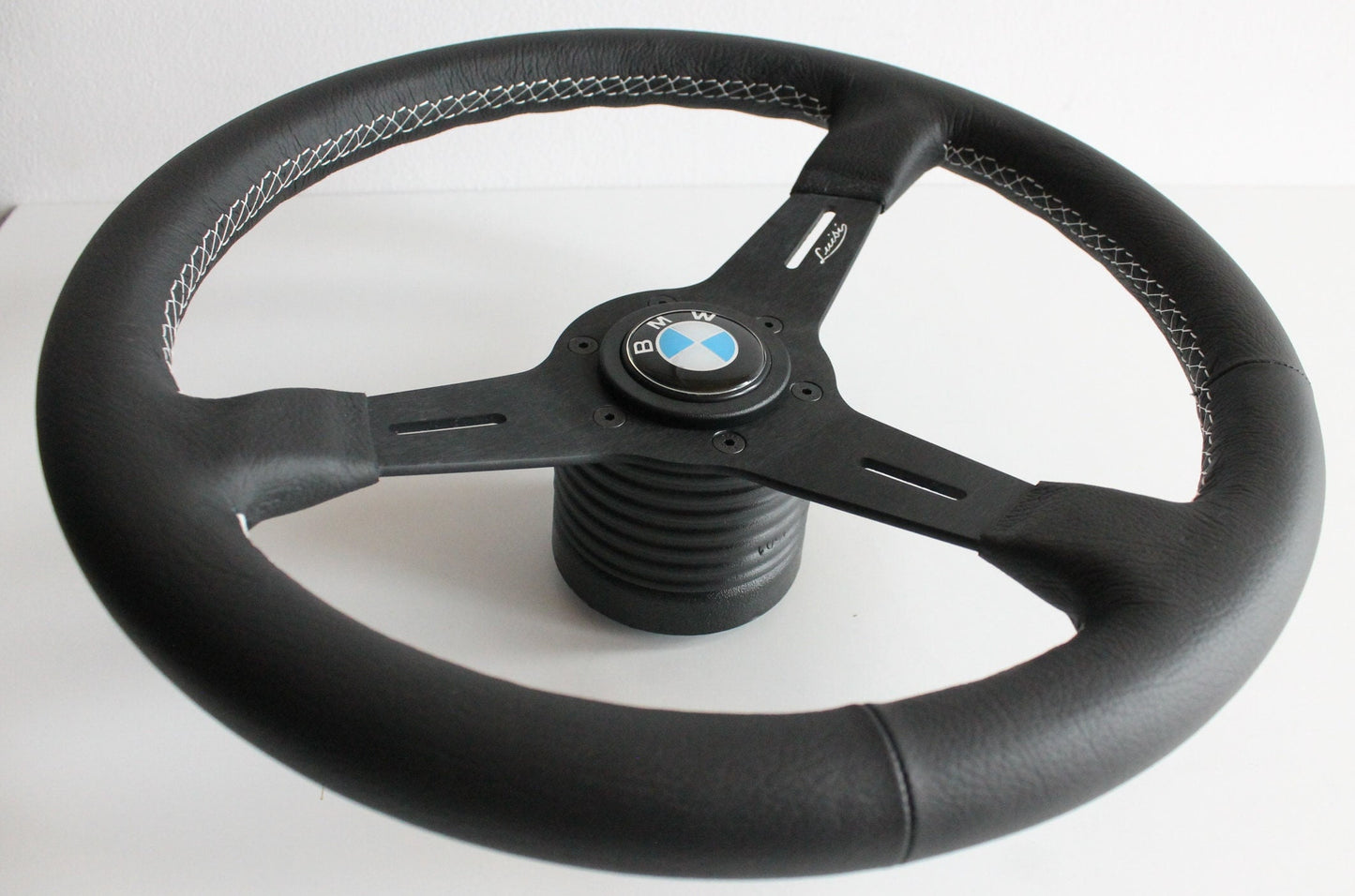 Steering Wheel For BMW E24 E28 E30 E32 E34 (1986-1992) - 370 mm, Made in Italy, OEM by Luisi, Black Leather, White Stitching, Premium Quality