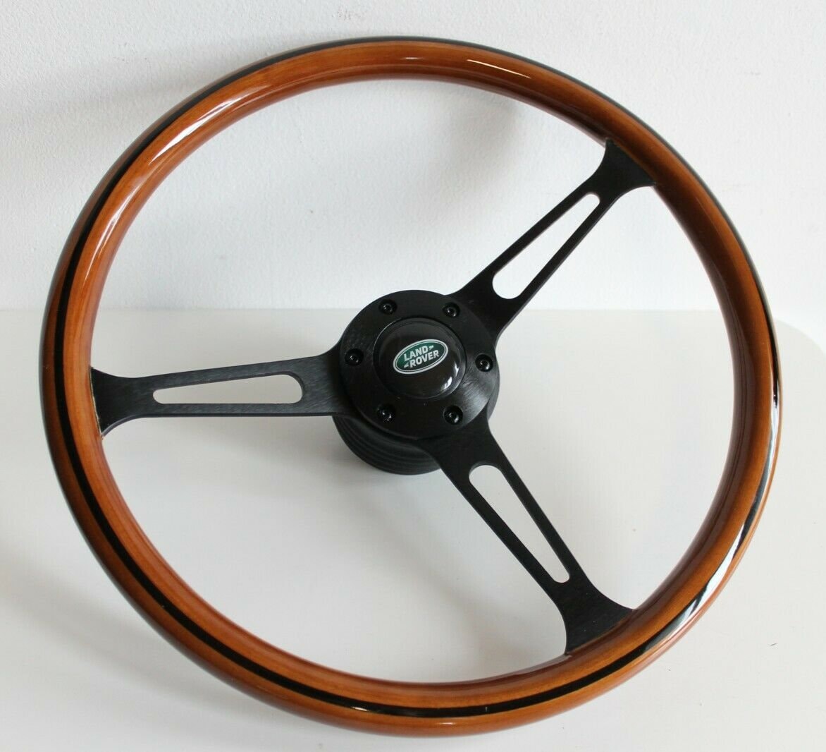 Steering wheel fits for Land Rover / Range Rover (1983-1985) - 380mm Wooden Rim, Black Trim & Black Spokes