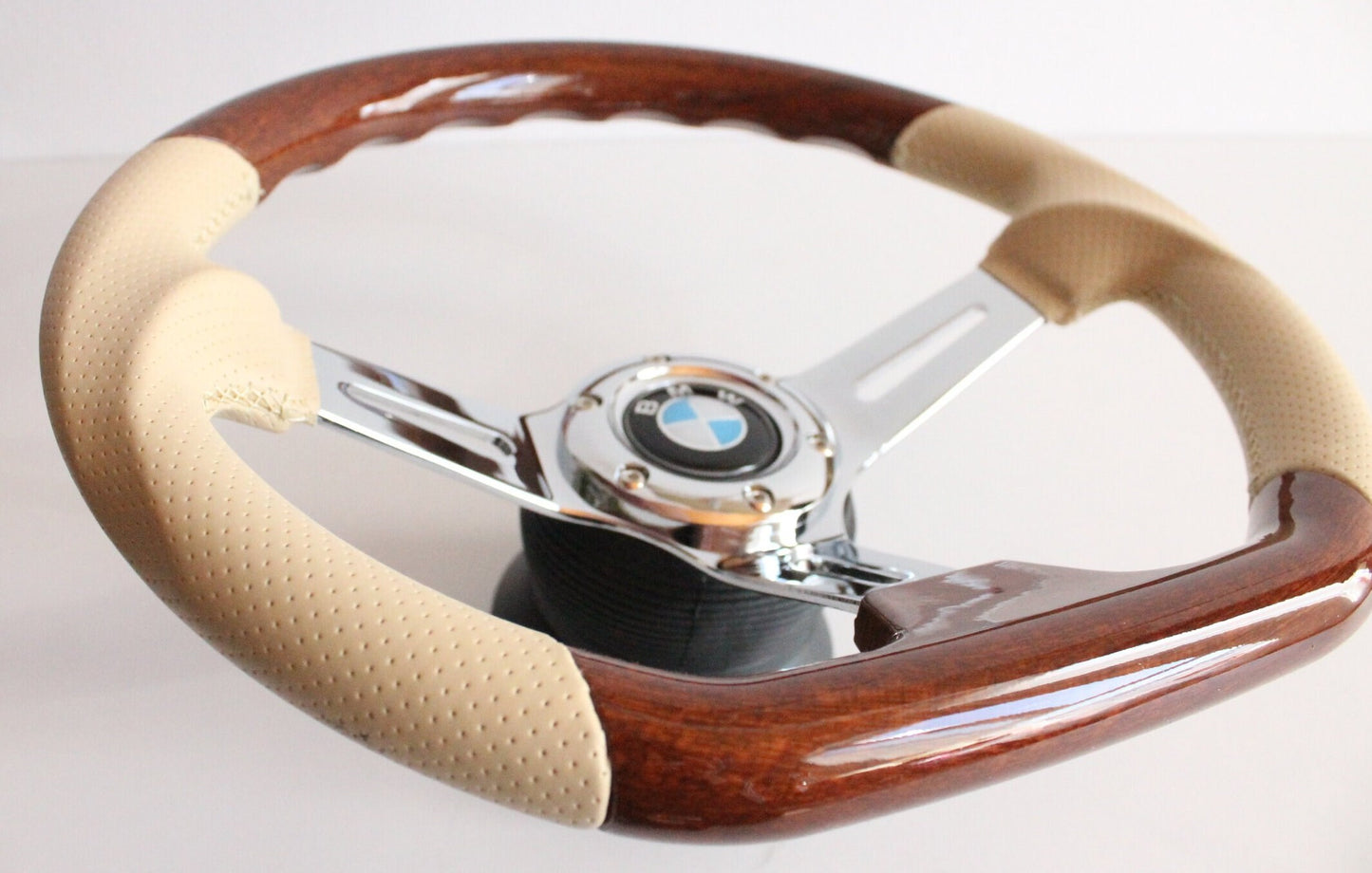 Steering Wheel For BMW E24 E28 E30 E32 E34 (1986-1992) - Flat Bottom, Wood, Vintage, Beige Leather, Chrome spokes, 350 mm