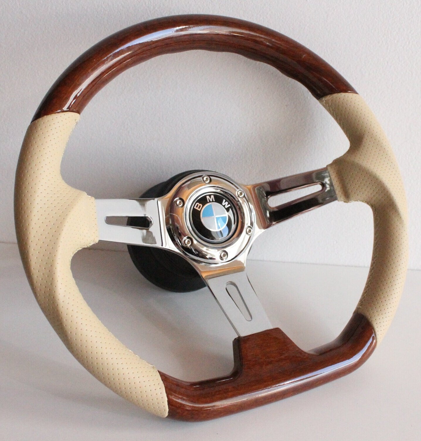 Steering Wheel For BMW E24 E28 E30 E32 E34 (1986-1992) - Flat Bottom, Wood, Vintage, Beige Leather, Chrome spokes, 350 mm