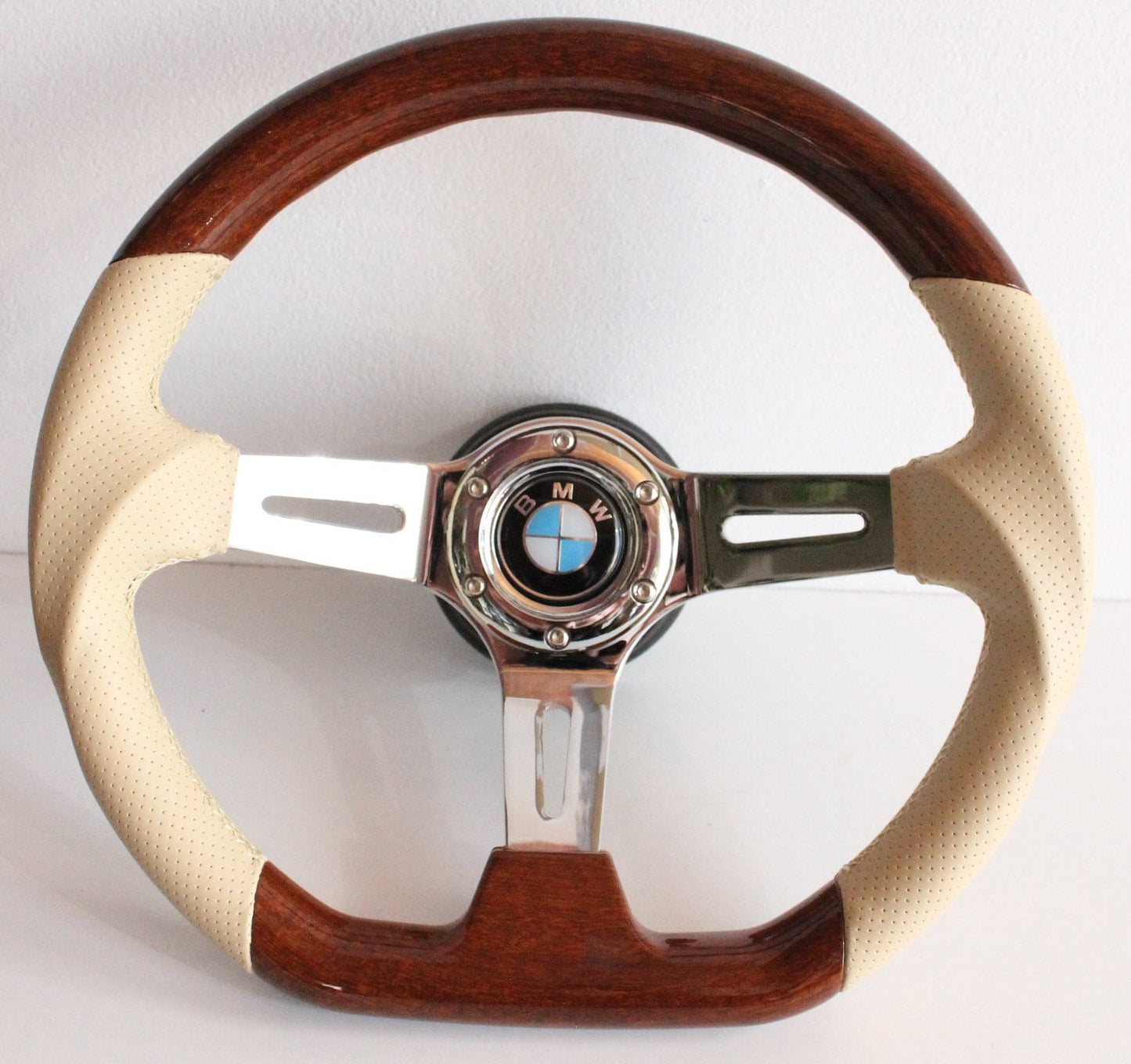 Steering Wheel For BMW E24 E28 E30 E32 E34 (1986-1992) - Flat Bottom, Wood, Vintage, Beige Leather, Chrome spokes, 350 mm