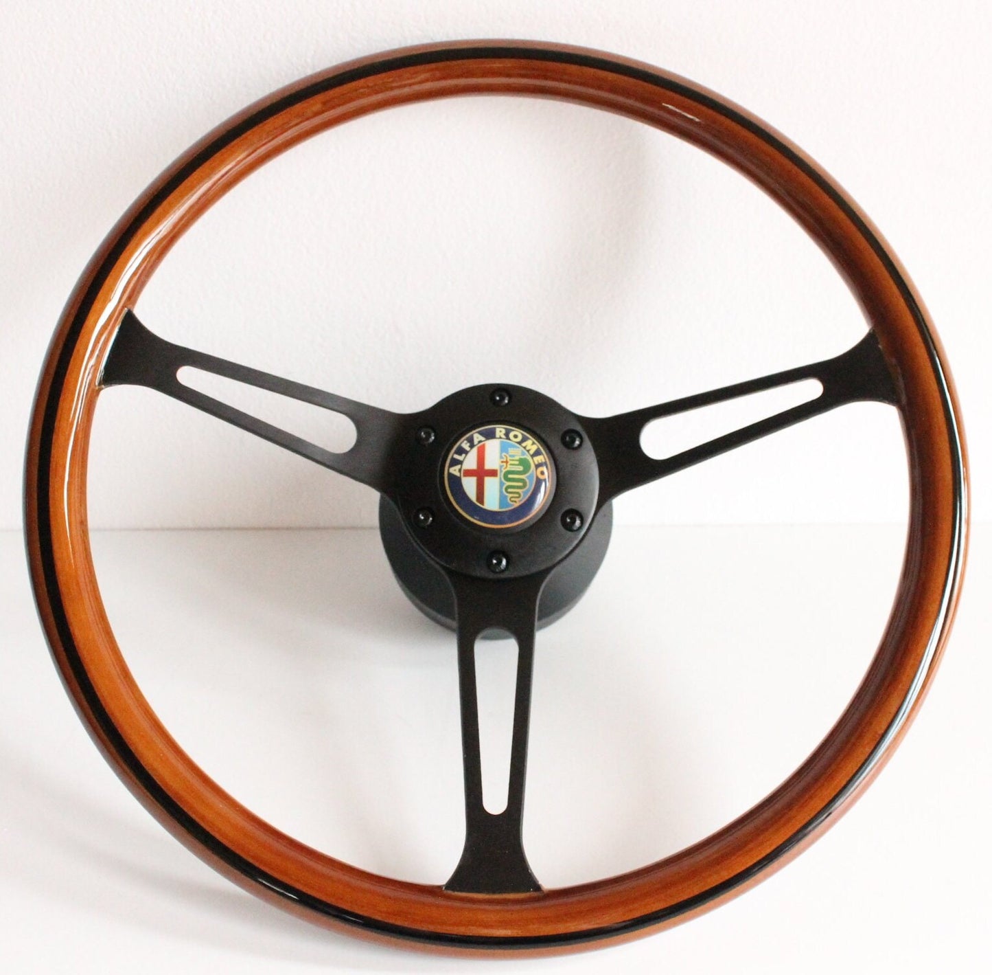 Steering Wheel For Alfa Romeo - 164 33 75 90 (1987- 1993) - Wooden Rim, Black Trim, Black Spokes, Vintage Style, 380mm